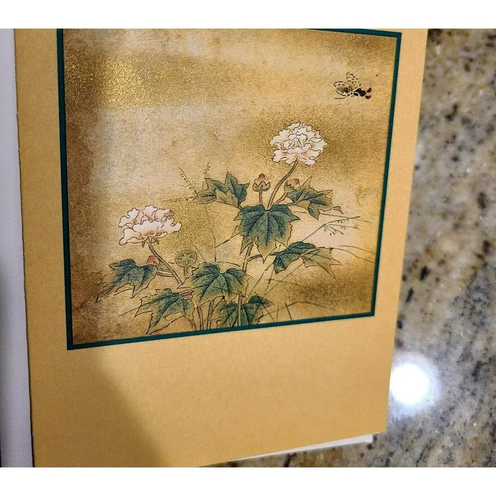 3 Kano Tanyu Blank Cards. Shimmer. Butterfly Mallow, Sparrows, Crane Lotus Pond